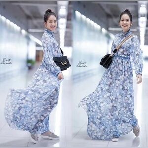 Thai Designer Elegant Floral Blue Maxi Dress